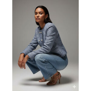 Anthropologie NWT Size 6 Blue Tweed Cropped Blazer Double Breasted Pearl Button